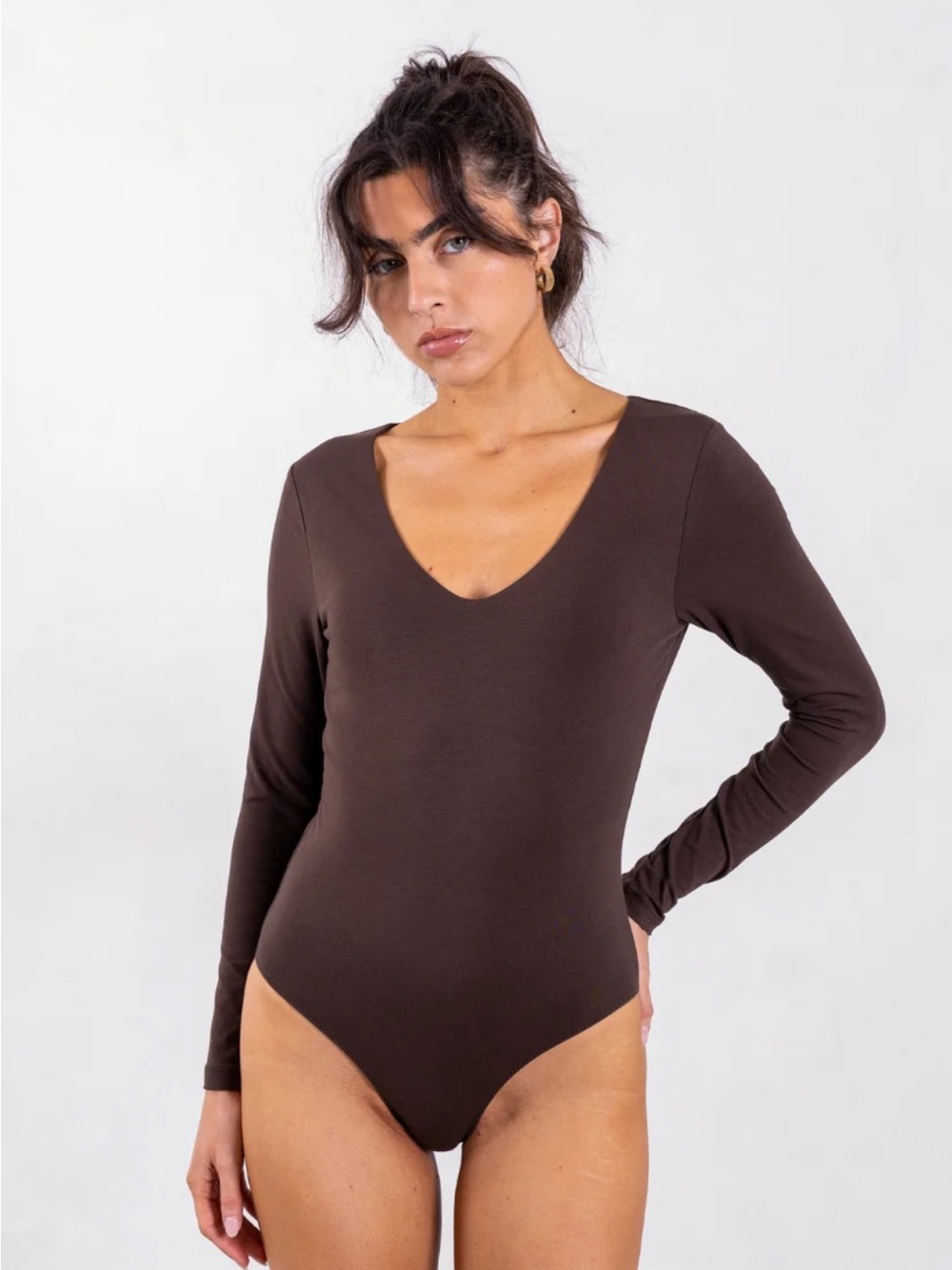 Not Basics Organic Cotton Long Sleeve V-Neck Bodysuit, Hot Fudge